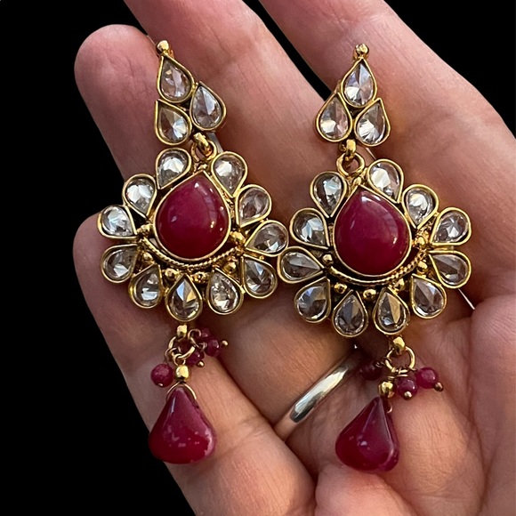 Faux ruby and diamond gold tone drop earrings - Picture 1 of 6